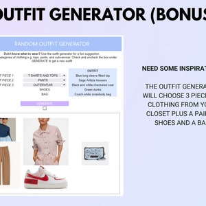 Peut inclure: Une capture d'&eacute;cran d'un site Web montrant un g&eacute;n&eacute;rateur d'ensembles al&eacute;atoires. L'utilisateur peut s&eacute;lectionner trois cat&eacute;gories de v&ecirc;tements, telles que des t-shirts et des hauts, des pantalons et des v&ecirc;tements d'ext&eacute;rieur. Le g&eacute;n&eacute;rateur sugg&eacute;rera ensuite une tenue en fonction des s&eacute;lections de l'utilisateur. Le texte &agrave; l'&eacute;cran indique "OUTFIT GENERATOR (BONUS)" et "NEED SOME INSPIRATION?"