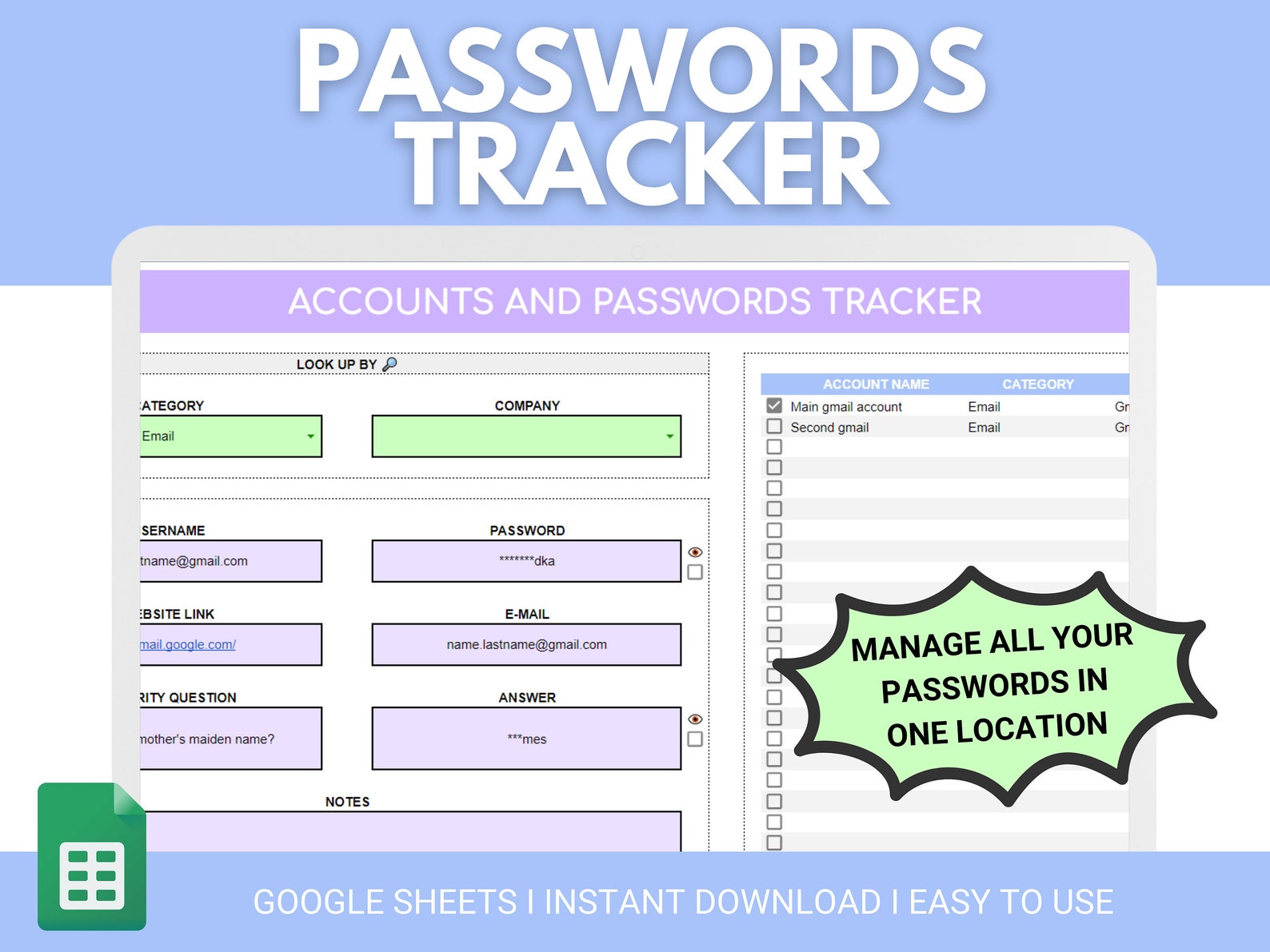 Password Tracker Spreadsheet for Google Sheets | Password Organizer ...