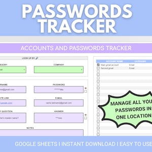 Password Tracker Spreadsheet for Google Sheets | Password Organizer Spreadsheet Template | Password Manager | Accounts Tracker