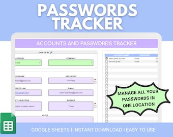 Password Tracker Spreadsheet for Google Sheets | Password Organizer Spreadsheet Template | Password Manager | Accounts Tracker