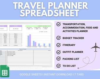 Foglio di calcolo per la pianificazione del viaggio / Pianificatore del budget di viaggio / Pianificatore di itinerari di viaggio / Foglio di calcolo del pianificatore di viaggio per Fogli Google / Pianificatore di viaggio