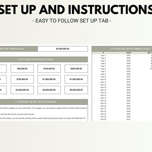May include: A printable worksheet with instructions for setting up and tracking net worth goals. The worksheet includes sections for inputting a net worth goal, setting milestones, and updating a net worth tracker. The worksheet also includes a table for tracking annual net worth goals over 25 years.