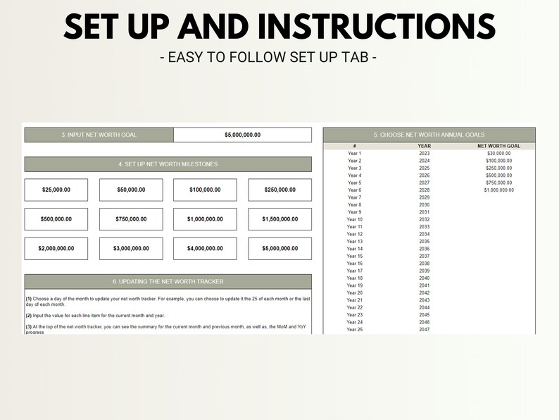 May include: A printable worksheet with instructions for setting up and tracking net worth goals. The worksheet includes sections for inputting a net worth goal, setting milestones, and updating a net worth tracker. The worksheet also includes a table for tracking annual net worth goals over 25 years.