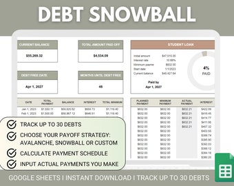 Hoja de cálculo de bola de nieve de deuda / Calculadora de bola de nieve de deuda / Liquidación de deuda de avalancha / Rastreador de reducción de deuda / Hojas de cálculo de Google de bola de nieve de deuda