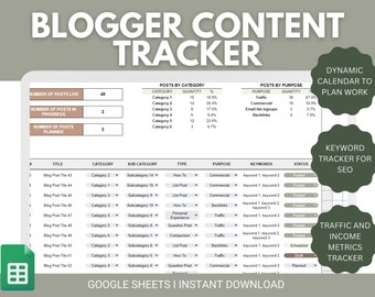 Blog Post Planner Google Sheets Spreadsheet | Blog Content Calendar | Blog Content Planner | Blog Post Worksheet | Blog Post Ideas Organizer