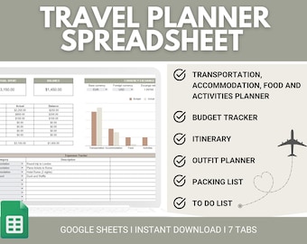 Travel Planning Spreadsheet | Travel Budget Planner | Travel Itinerary Planner | Travel Planner Spreadsheet for Google Sheets | Trip Planner