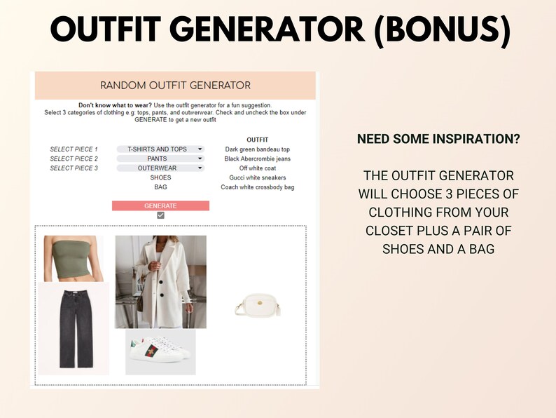 May include: A website screenshot showing a random outfit generator. The generator allows users to select three categories of clothing, such as tops, pants, and outerwear, and then generates a random outfit based on those selections. The website also includes a description of how the generator works and a section for inspiration.