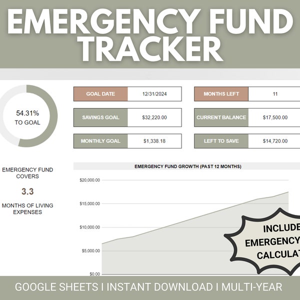 Emergency Fund Tracker | Emergency Fund Savings Tracker Google Sheets Spreadsheet | Emergency Fund Calculator | Emergency Fund Challenge