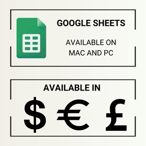 May include: A green Google Sheets icon with a spreadsheet inside, text that says "GOOGLE SHEETS" and "AVAILABLE ON MAC AND PC", and text that says "AVAILABLE IN" with dollar, euro, and pound currency symbols.