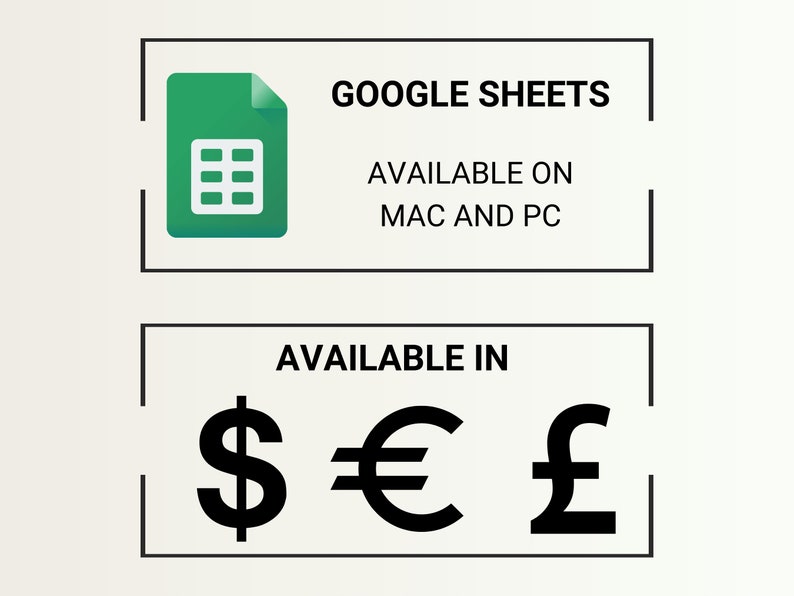 May include: A green Google Sheets icon with a spreadsheet inside, text that says "GOOGLE SHEETS" and "AVAILABLE ON MAC AND PC", and text that says "AVAILABLE IN" with dollar, euro, and pound currency symbols.
