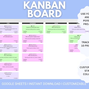 May include: A Kanban board template for Google Sheets, with columns labeled "To Do", "In Progress", "Review", and "Completed". The template is customizable and can be used to track up to 10 projects.