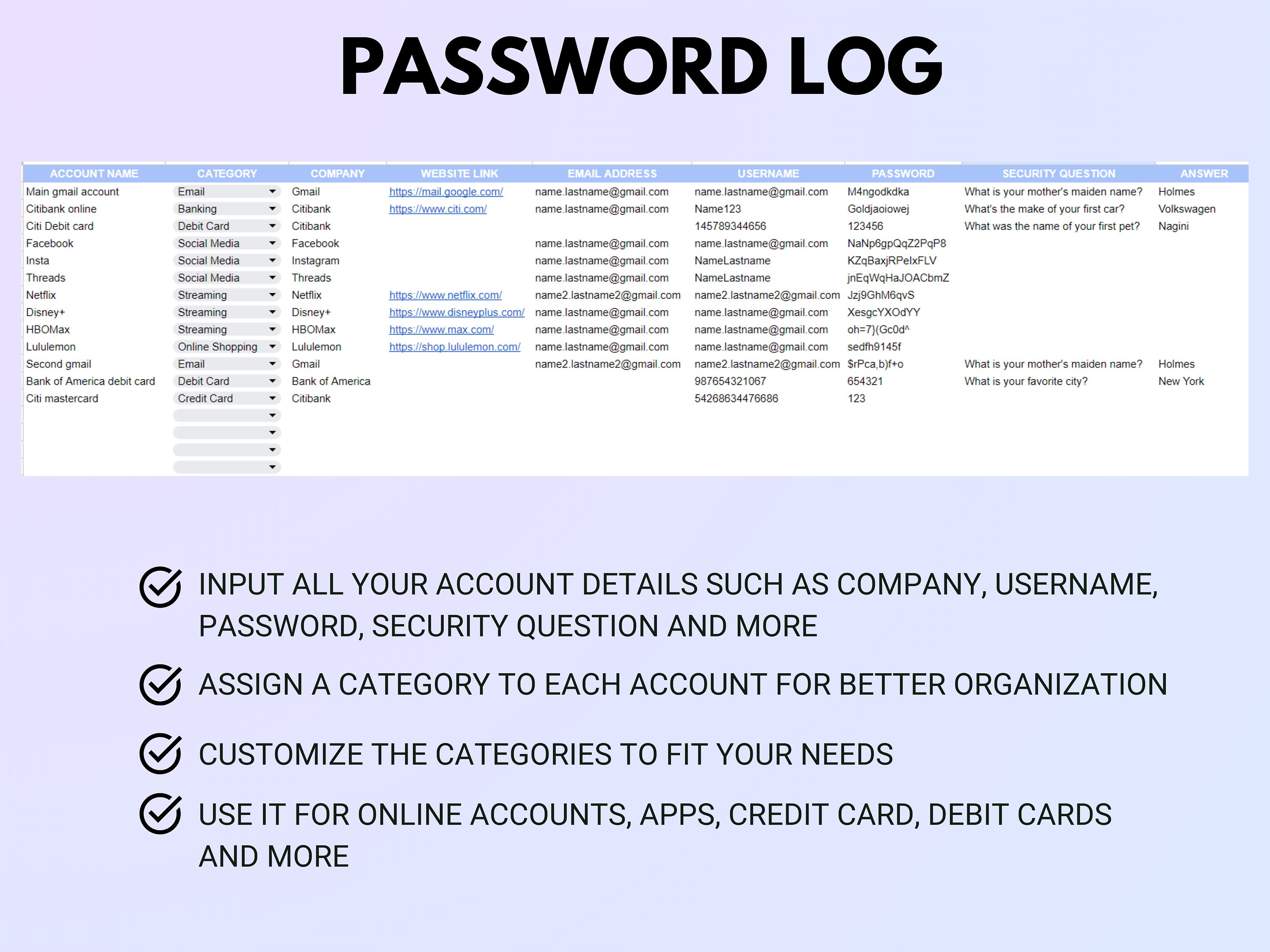 Password Tracker Spreadsheet for Google Sheets | Password Organizer ...