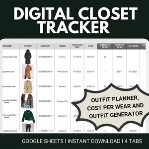 Kosten per slijtage-tracker | Outfitplanner | Kasttracker | Kast-spreadsheetsjabloon | Outfit-tracker | Outfit-generator