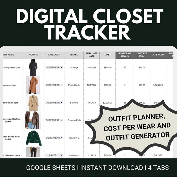 Cost Per Wear Tracker | Outfit Planner | Closet Tracker | Closet Spreadsheet Template | Outfit tracker  | Outfit generator