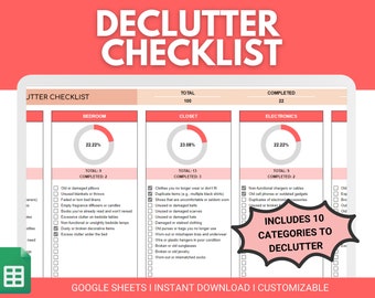 Declutter Checklist Google Sheets Spreadsheet | Decluttering worksheet | Decluttering Tracker | Declutter Planner | House Declutter
