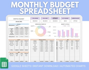 Monthly Budget Spreadsheet | Digital Financial Planner | Simple Budget | Personal Finances Excel | Easy Google Sheets Budget