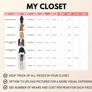 May include: A spreadsheet with a list of clothing items, including the item name, picture, category, brand, purchase date, cost, number of wears, cost per wear, last worn, and days since worn. The spreadsheet is titled "My Closet".