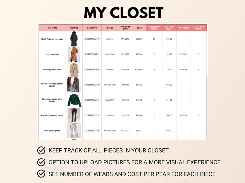 May include: A spreadsheet with a list of clothing items, including the item name, picture, category, brand, purchase date, cost, number of wears, cost per wear, last worn, and days since worn. The spreadsheet is titled "My Closet".