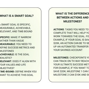 May include: A diagram explaining the difference between actions and milestones when setting a SMART goal. The diagram uses the example of saving $20,000. Actions are tasks that help you work towards the goal, such as setting up an automated transfer to your savings account. Milestones are checkpoints you can track on the way to reaching your ultimate success metric, such as saving $5,000, then $10,000, and so on.