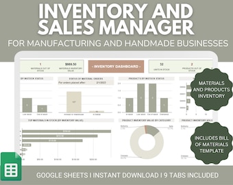 Inventory Tracker Spreadsheet | Inventory and Sales Tracker for Manufacturing and Handmade Business | Inventory Google Sheets
