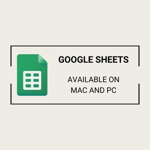 May include: A green Google Sheets icon with a spreadsheet inside, surrounded by a black border. The text "GOOGLE SHEETS" is above the icon, and the text "AVAILABLE ON MAC AND PC" is below the icon.