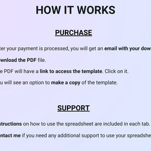Peut inclure: Une liste de contr&ocirc;le avec des coches &agrave; c&ocirc;t&eacute; de chaque &eacute;tape sur la fa&ccedil;on d'acheter et d'utiliser un produit num&eacute;rique. Les &eacute;tapes incluent&nbsp;: Une fois votre paiement trait&eacute;, vous recevrez un e-mail avec votre t&eacute;l&eacute;chargement. T&eacute;l&eacute;chargez le fichier PDF. Le PDF contiendra un lien pour acc&eacute;der au mod&egrave;le. Cliquez dessus. Vous verrez une option pour faire une copie du mod&egrave;le. Des instructions sur la fa&ccedil;on d'utiliser la feuille de calcul sont incluses dans chaque onglet. Contactez-moi si vous avez besoin d'une assistance suppl&eacute;mentaire pour utiliser votre feuille de calcul.