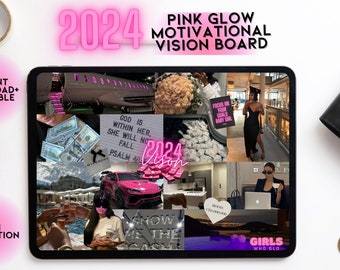 Digital Desktop Wallpaper 2024 Motivational Vision Board - Pink Aesthetic for Laptop or Tablet- Manifest Money Career Travel
