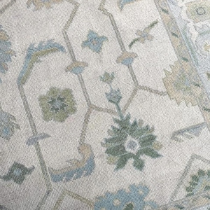 Hand Knotted Oushak Rug | Soft Pastel Turkish Wool Area Rug | Vintage Style 8x10 Light Blue & Green Oriental Carpet for Living Room
