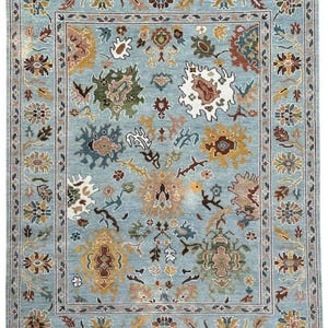 Handmade Wool Oushak Rug: Light Blue Modern Turkish Rug
