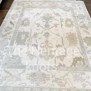 Hand Knotted Oushak Rug | 9x12 Light Neutral Turkish Wool Area Rug | Vintage Style Soft Pastel Oriental Carpet for Living Room