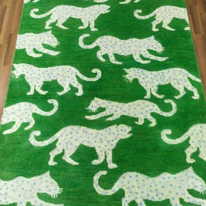 Handgeknoopt wollen vloerkleed met luipaardprint: Oushak-stijl, kinderkamerinrichting