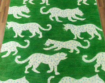 Handgeknüpfter Leopard-Teppich aus Wolle im Oushak-Stil