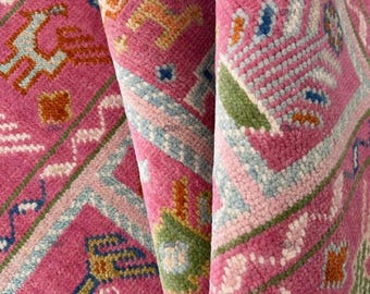 Handgefertigter Rosa Oushak Wollteppich: Moderner Türkischer Stil 12x15