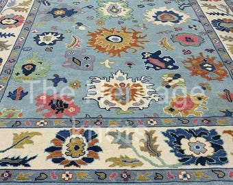 Hand Knotted Oushak Wool Rug: 8x10 Light Blue Floral Turkish Carpet