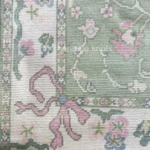 Hand Knotted Oushak Wool Rug: Muted Green Floral Turkish Carpet