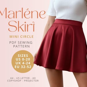 Könnte beinhalten: Ein bordeauxfarbener Mini-Kreisrock wird gezeigt. Der Rock ist Teil eines PDF-Schnittmusters mit den Größen US 0-20, UK 4-24 und EU 32-52. Der Text "Marléne Skirt" wird oben im Bild angezeigt.