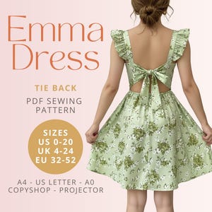 May include: A light green floral dress with a tie-back design and ruffled sleeves. The dress has a flared skirt. The image includes text: "Emma Dress", "Tie Back", and "PDF Sewing Pattern". Sizes US 0-20, UK 4-24, EU 32-52.