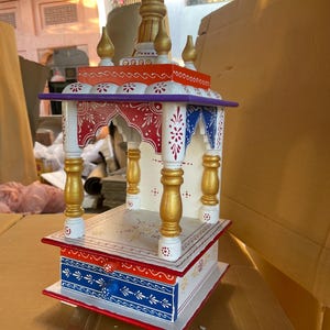 Wooden Temple Indian Traditional Puja Room Mandir Home Decor Vintage Design Hand Painted Embossed Colourful Floral Art God Idol Worship Gift