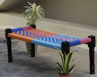 Handmade wooden woven rope bench /wooden day bed /cotton rope charpai/Wooden Indian seater/ Garden bench/rope seater/colrful woven bench