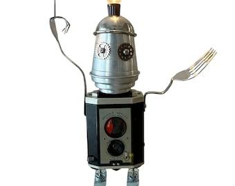 Bright Ideabot II - WoBot -Handmade Steampunk Robot Lamp- Steampunk Decor- Assemblage Art - Office Decor- unique lamp -Retro Sci‑Fi Decor