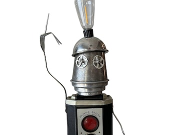 Bright Ideabot - WoBot -Handmade Steampunk Robot Lamp- Steampunk Decor- Assemblage Art - Office Decor- unique lamp -Retro Sci‑Fi Decor