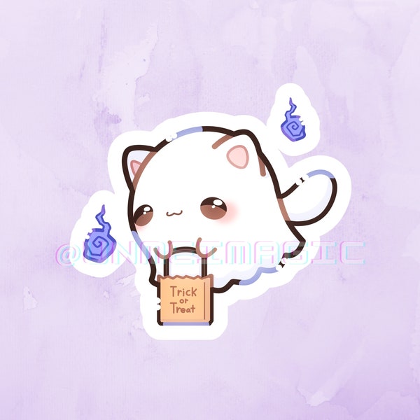 Kitty Ghost Trick or Treat Sticker | Halloween | kawaii cute Animals | Kiss Cut stickers | Chibi stickers | cute stickers | Cat stickers