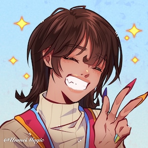 May include: A smiling person with brown hair wearing a red and white sweater with a blue ribbon. The person is giving a peace sign with their right hand and has colorful nail polish.