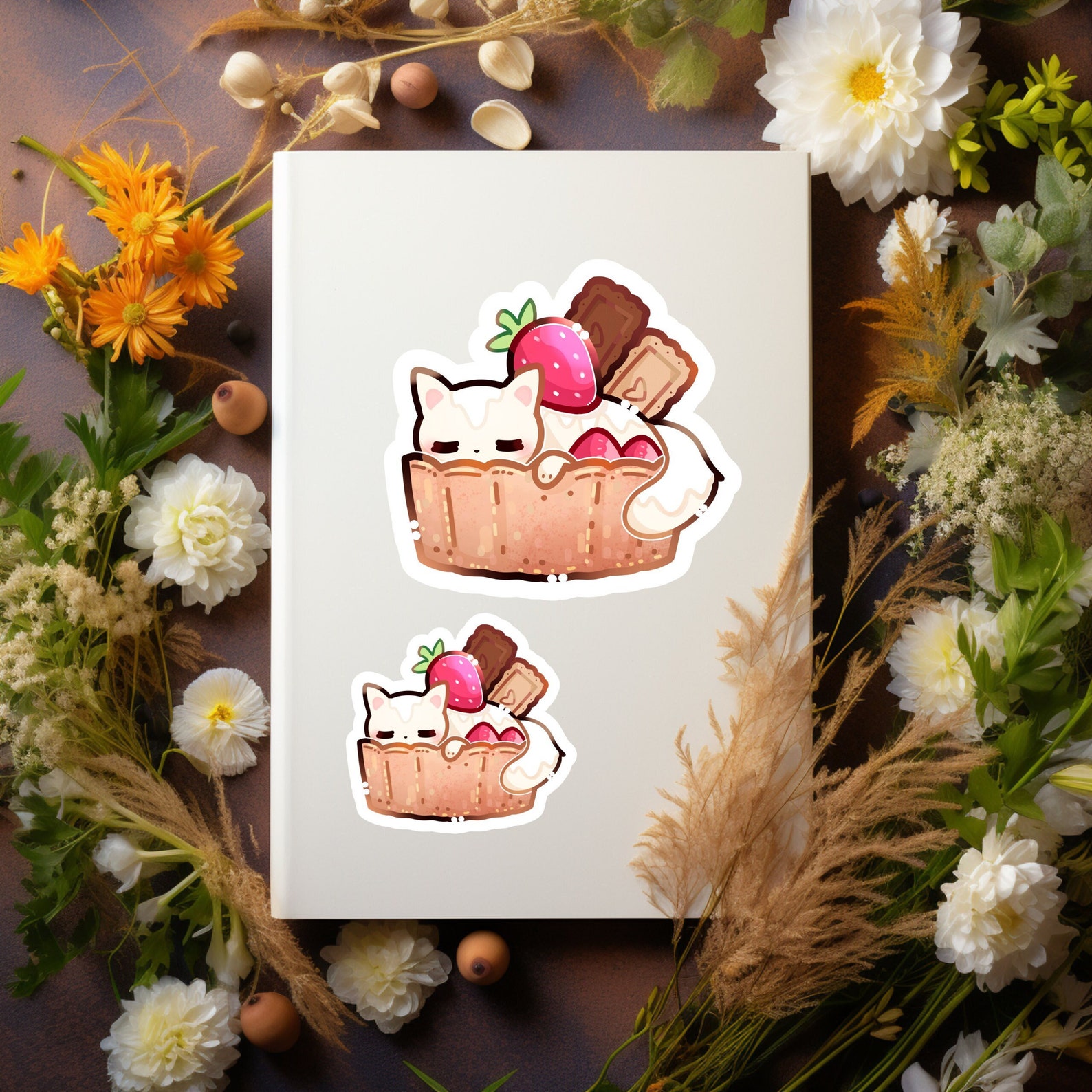 Strawberry Cat Tart Sticker Kawaii Cute Chibis Kiss Cut Stickers Chibi ...