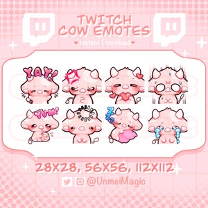 Chibi Pink Strawberry Cow Emotes | Twitch & Discord | Vtuber emotes | Youtuber | streamer assets | chibi kawaii emotes | Moo moo emotes