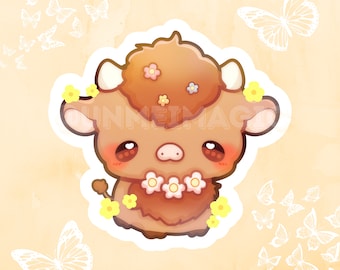 Chibi Highland Cow Flower Sticker: Kawaii Cottagecore Animal, scrapbooking, Journaling, cute birthday gift ideas
