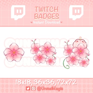 Może przedstawiać: Trzy różowe odznaki Twitch z kwiatami wiśni, z małym kreskowym zwierzątkiem w środku prawej odznaki. Odznaki są dostępne w trzech rozmiarach: 18x18, 36x36 i 72x72. Tekst "Twitch Badges" i "Natychmiastowe pobranie" znajduje się w górnej części obrazu.