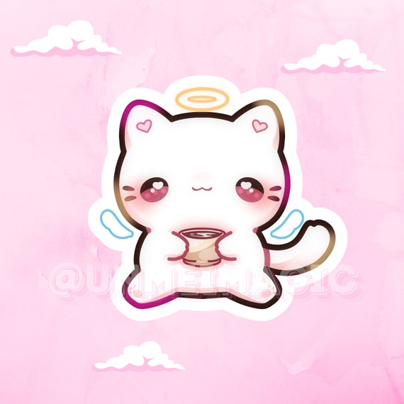 かわいい天使猫コーヒーステッカー | かわいいちびビニールデカール
