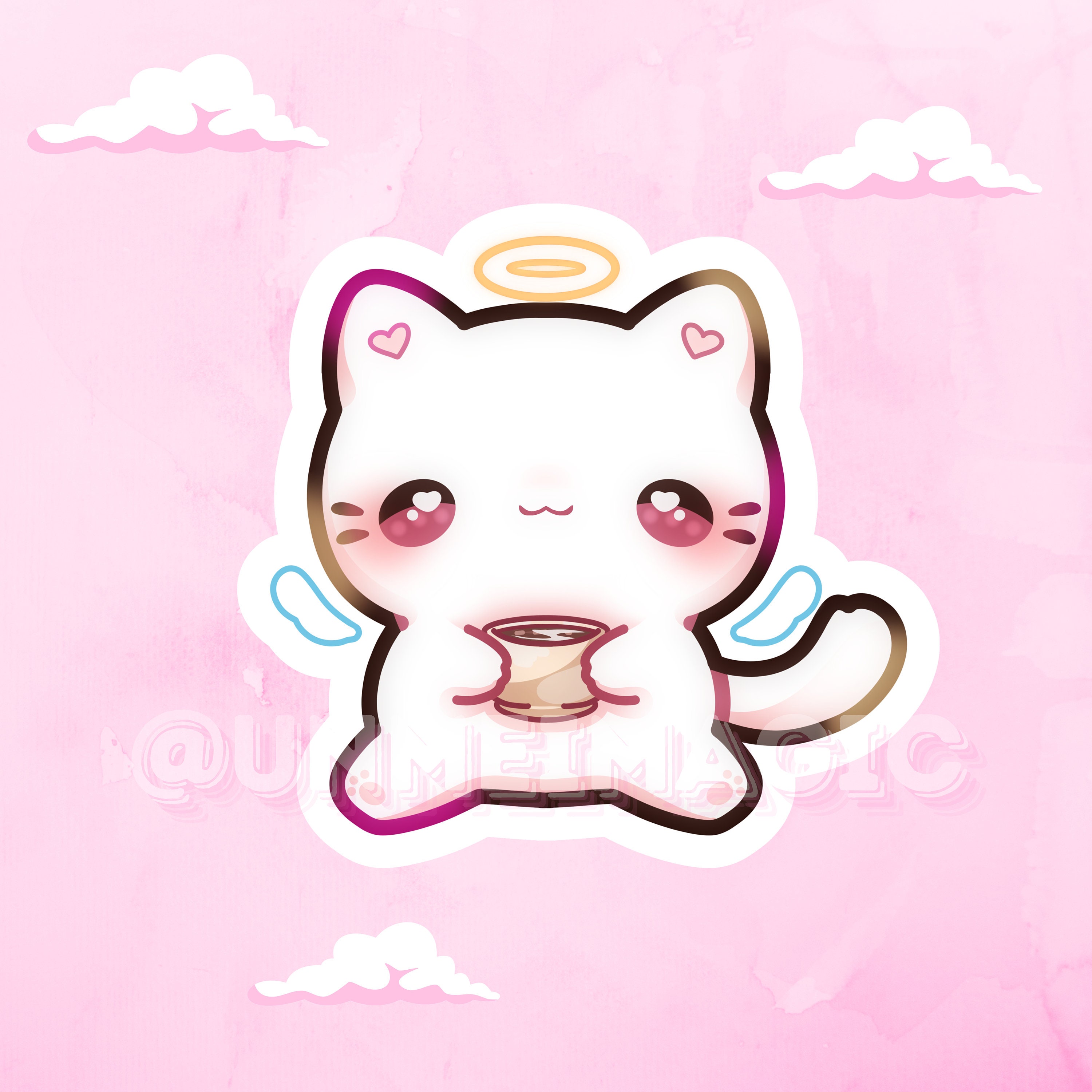 かわいい天使猫コーヒーステッカー | かわいいちびビニールデカール