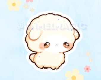 May include: A cute cartoon illustration of a white fluffy sheep with a pink blush on its cheeks and sparkly details. The sheep has big brown eyes and a small black nose. The background is a light blue watercolor wash with yellow and pink flowers.